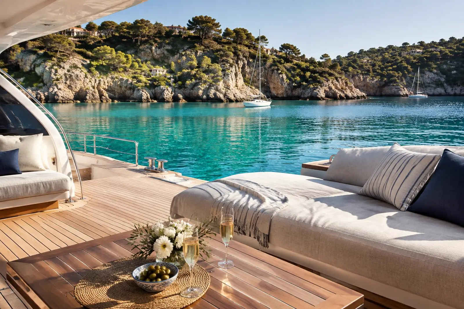 Yacht deck at anchor in a turquoise Riviera cove