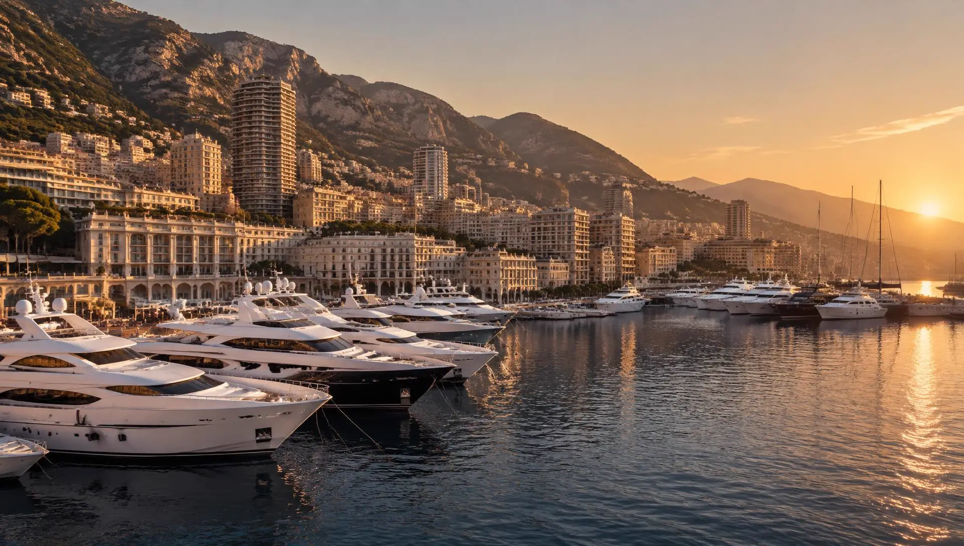Motor yachts moored in Port Hercule, Monaco, at golden hour