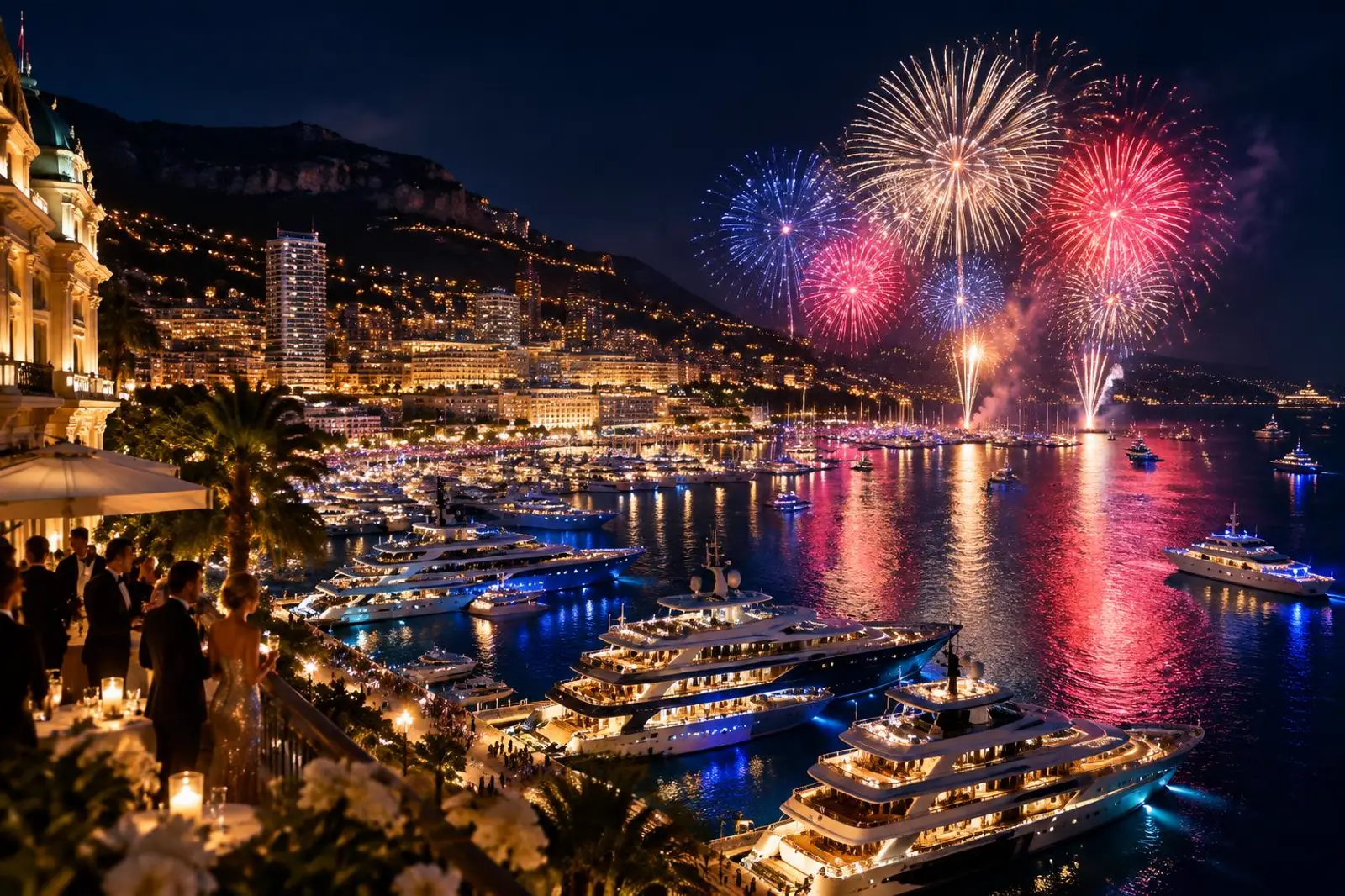 Fireworks over Monaco harbour with illuminated yachts