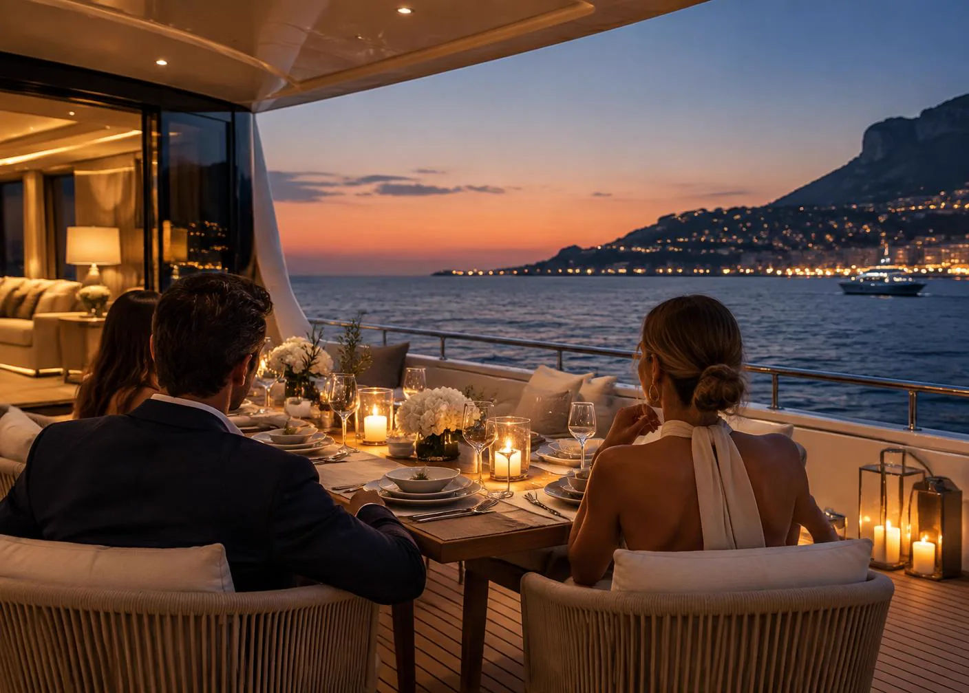 A table set for lunch on the deck of a charter yacht